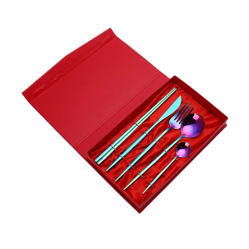Mirror Polish Talheres Flatware Stainless Steel Cutlery Set 5PCS Set With Chopsticks
