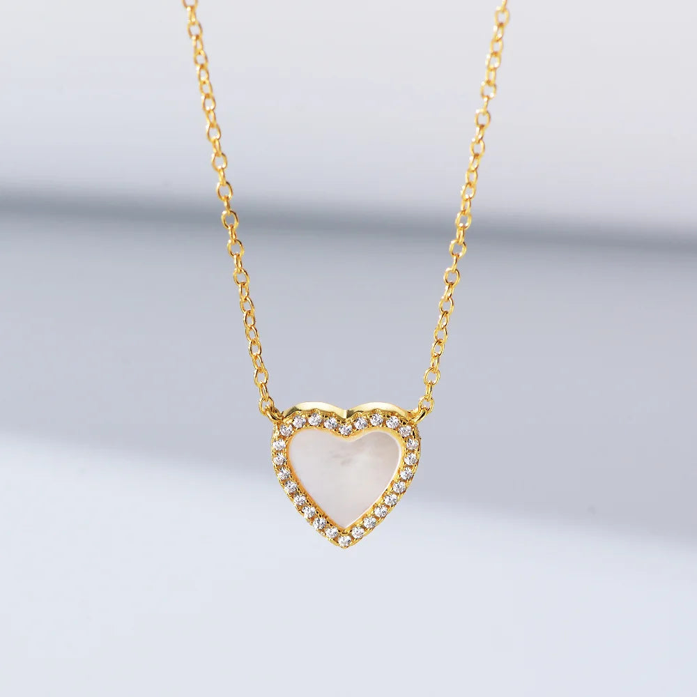 New S925 Sterling Silver Heart Shaped Shell Diamond Necklace Pendant Simple Fashion Heart Necklace