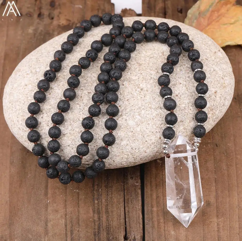 Crystal Mala Necklace Healing Black Lava Prayer Beads Crafted Double Point Quartz Men Necklaces