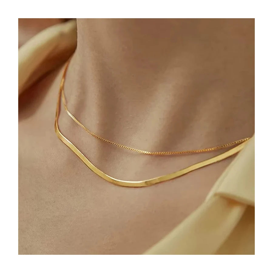 Dainty 18K Gold Filled Flat Skinny Snake Chain Necklace Stainless Steel Layered Herringbone Choker Necklace for Women