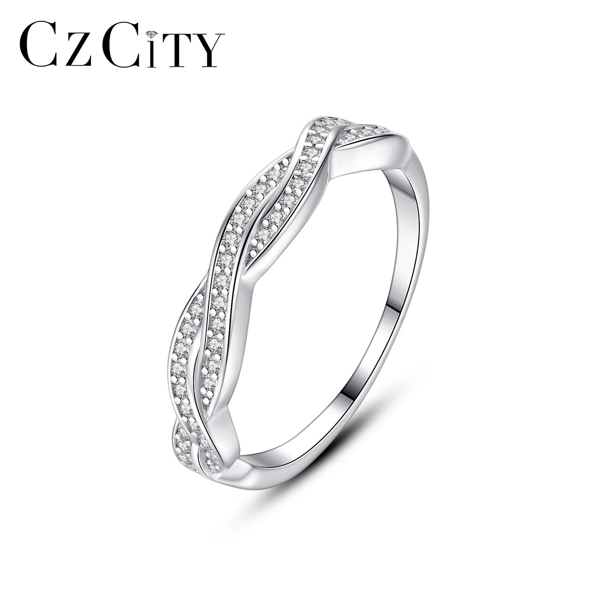 CZCITY Beauty Designed Lady Jewelry Sterling Silver 925 Woman Fashion Unique White Gold Plated CZ Ring