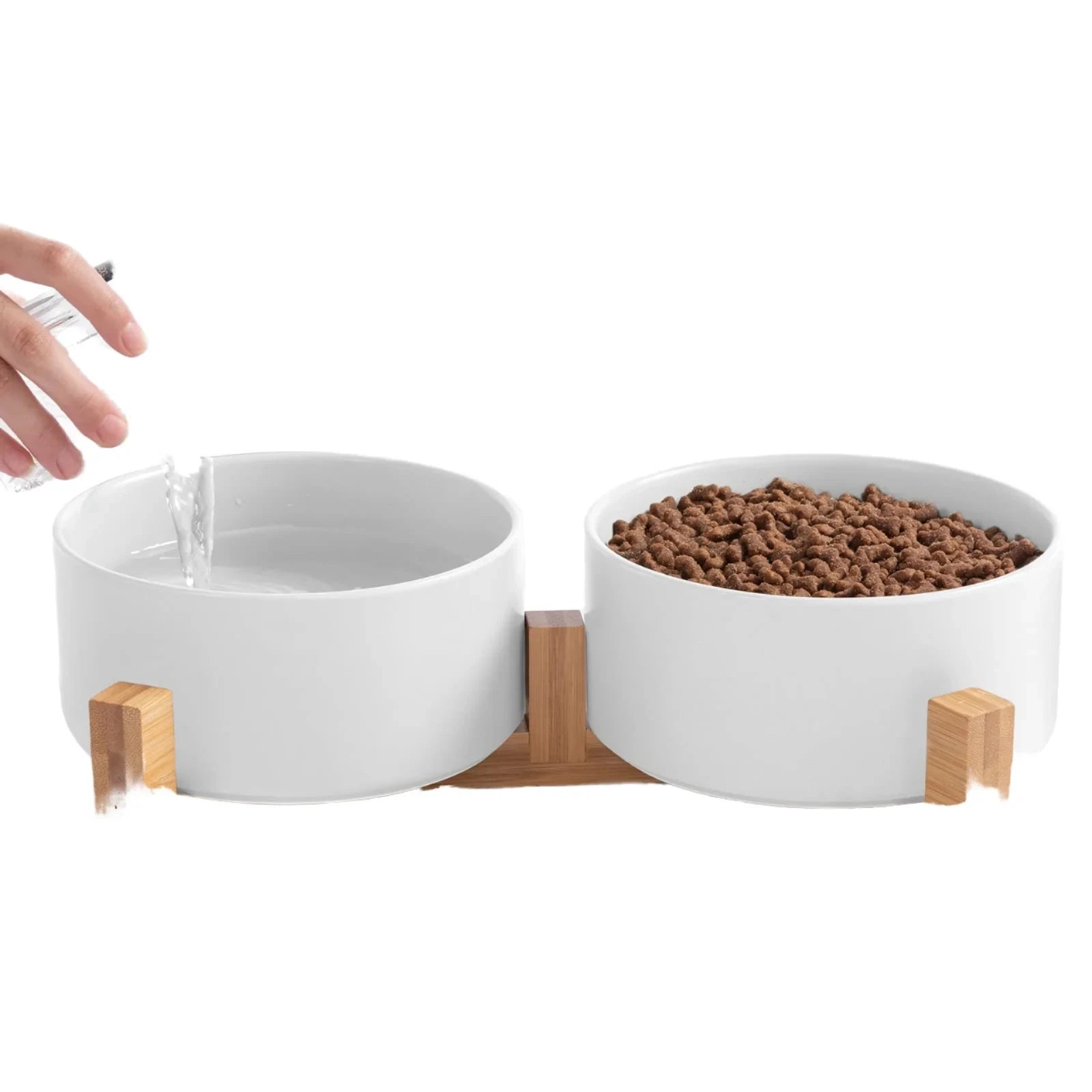 Pet Ceramic Double Bowl with Wooden Frame - Anti-Slip Cat Dog Food and Water Dish Non-Spill Pet Feeding Supplies