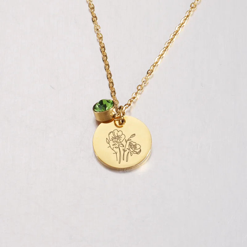 Stainless Steel Zircon Stone Birthday Gift Jewelry Birthstone Birth Month Flower Necklace