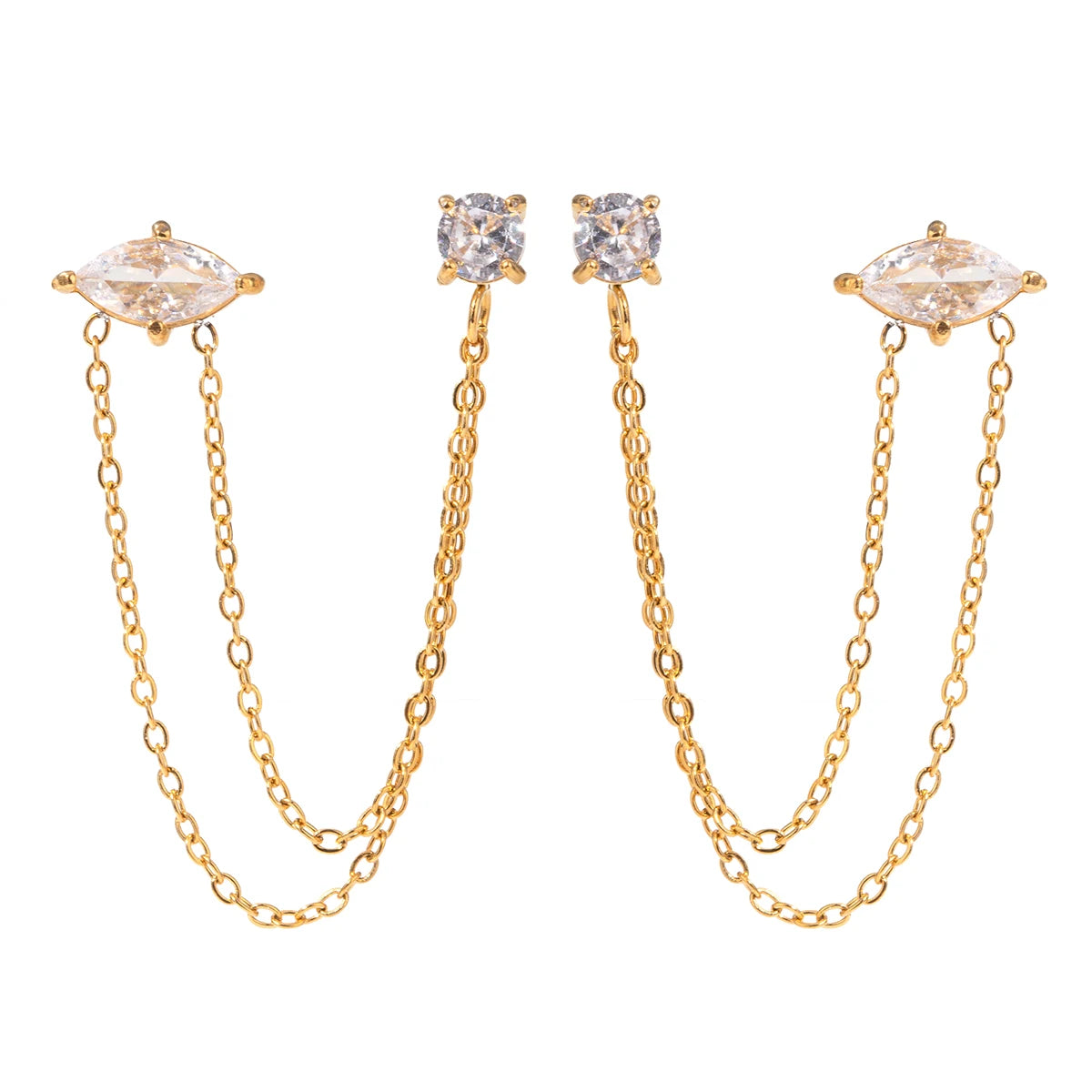 J&D Unique Design Stainless Steel Gold Earrings 18K Women Tassel Round Marquise Zirconia Chain Earrings