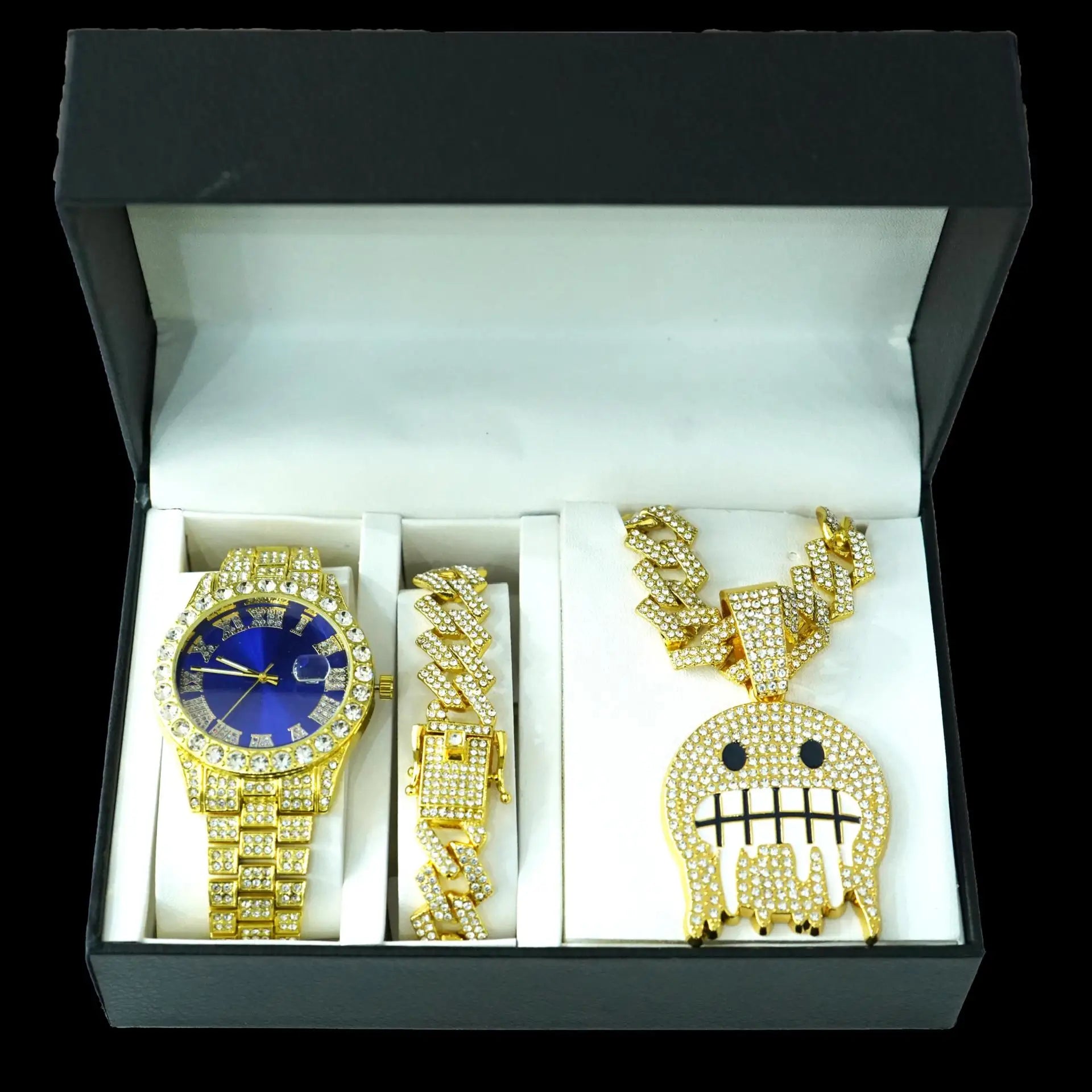 Wholesale Stock Gold Silver Alloy and Rhinestone Iced Out Hip Hop Quartz Watch Cold Pendant Necklace Bracelet Men's Jewelry Set