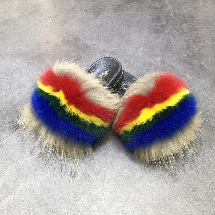 Ladies Lovely Full Raccoon Fur Slides Open Toe Comfortable Racoon Fur Slippers Women Real Kids Fur Slippers