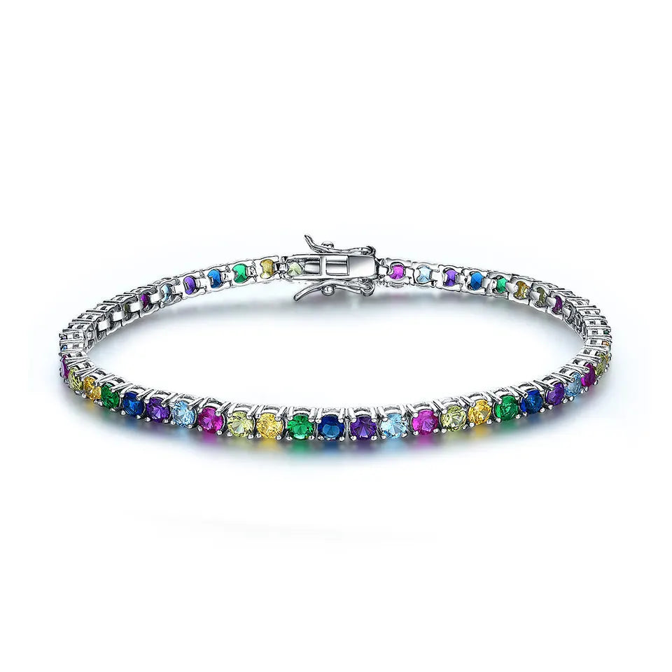Hot Sale White Gold Plated Jewelry Bracelet Rainbow Nano Stone Tennis Chain Bracelet 925 Silver for Women