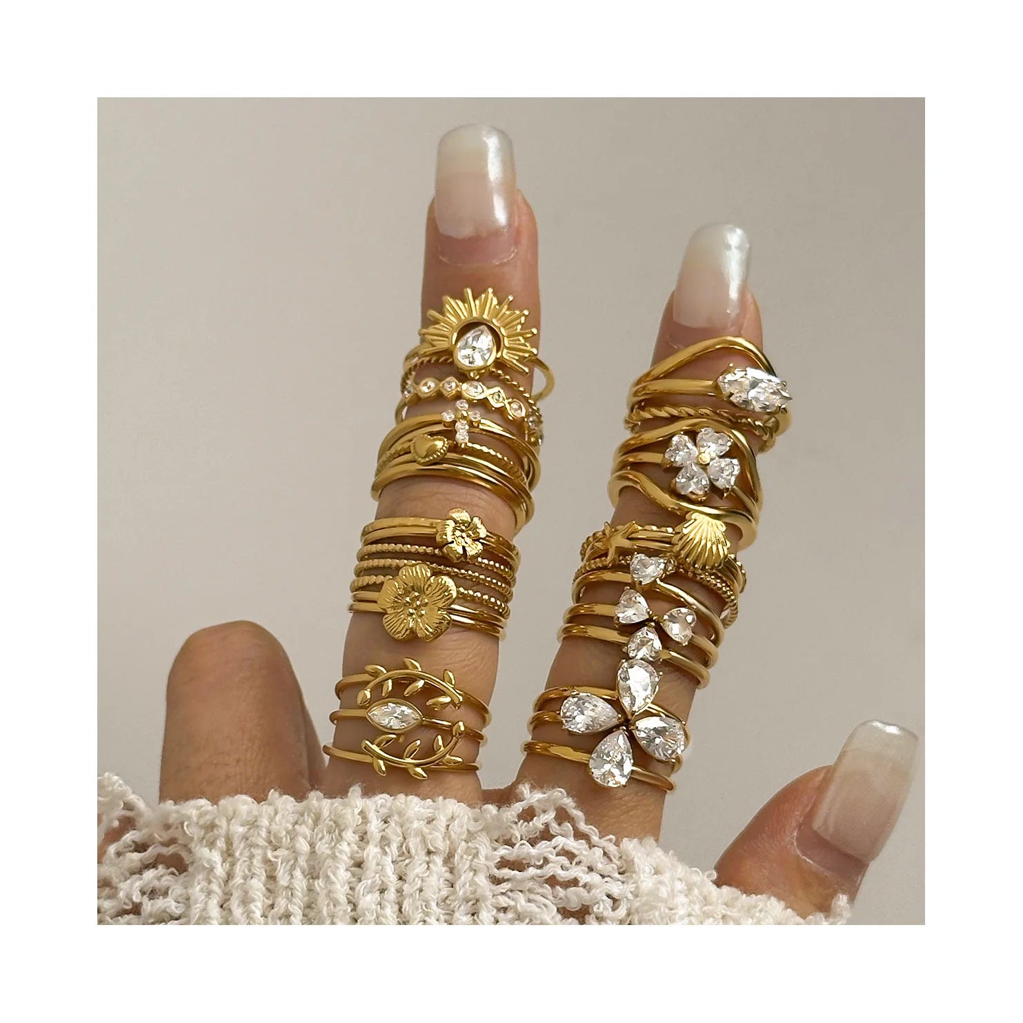 ERESI Stainless Steel Three-Layer Star Moon Fashion Ring Non Fading Gold Casual Rings Zircon Splicing Hollow Personalized Bijoux