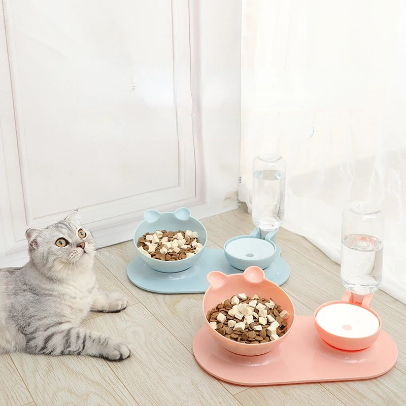 Washable Pet Protection Neck Double Bowl Automatic Water Feeder Moisture-proof Removable Pet Feeder