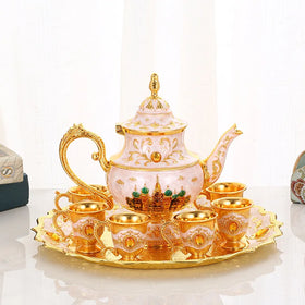 QIAN HU Turkish Tea Set with Crystal Stones 6 Coffee Cups & Tray Ramadan Gift for Home Decoration