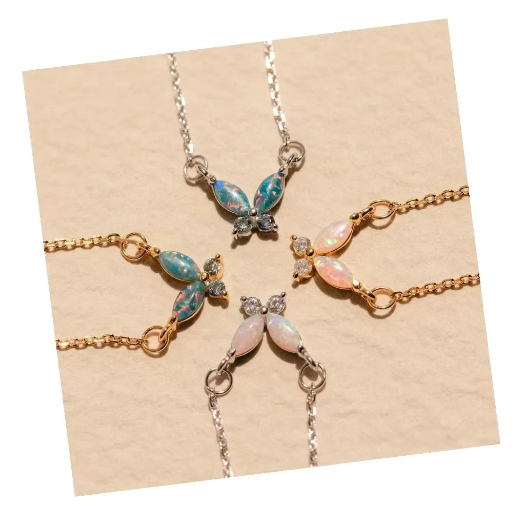 Fashion Luxury Crystal Opal Butterfly Pendant Necklaces Stainless Steel Cute Pink Opal Fine Jewelry Necklaces for Women