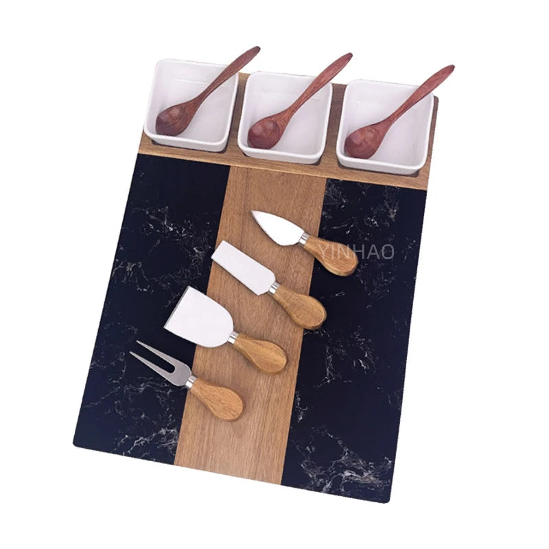 Customized Engraving Logo 11-Piece Charcuterie Board Set Cheese Serving Platter Acacia Wood Marble Cheese Board Set