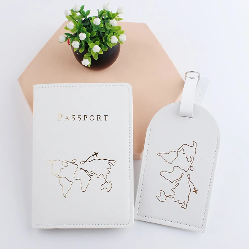 Multifunction Vegan Leather Passport Holder Luggage Tag Set Custom Logo Gold Stamping Travel Wallet Covers