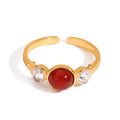 New Vintage Stainless Steel 18K Gold Plated Round Agate Zircon Diamond Adjustable Finger Rings for Girls