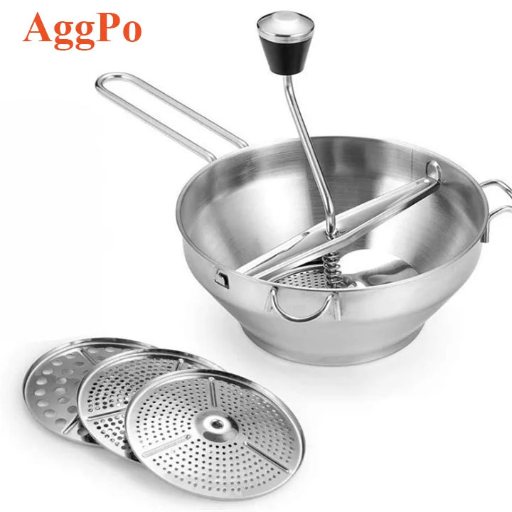 Home Kitchen Stainless Steel Rotary Food Mill with 3 Mixing Blade Discs Metal Manual Mixer Maker Bowl with Handle