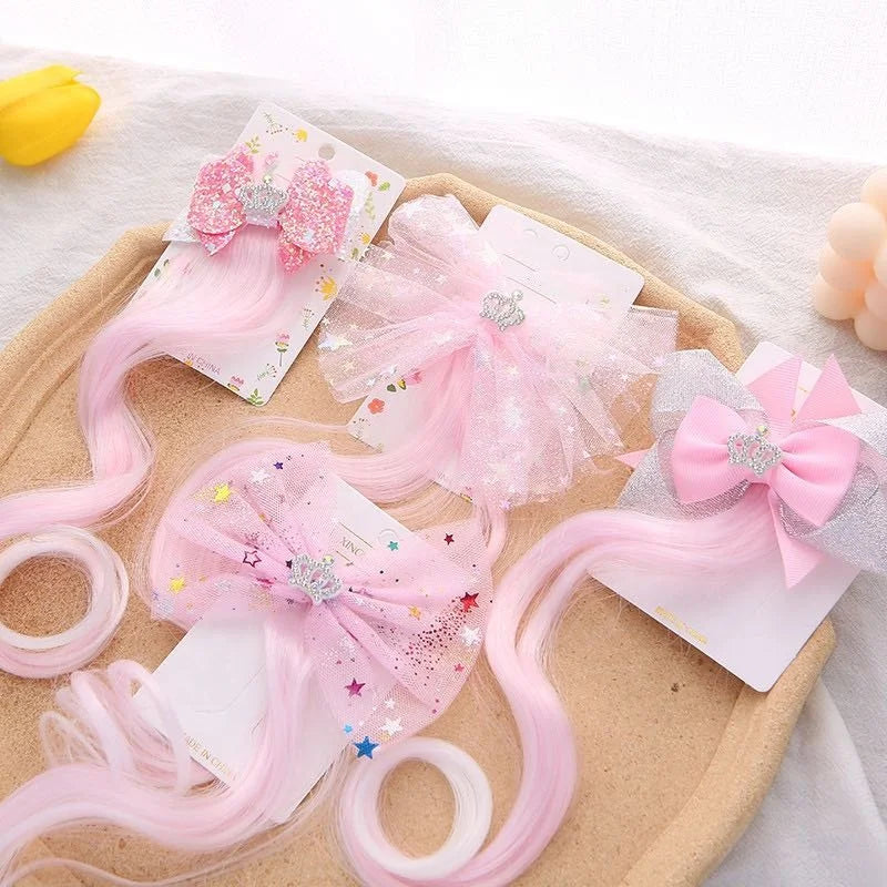 Wholesale Sweet Pink Crown Bow Curly Wig Hairpin Colorful Star Wig Hair Clip for Girls and Kids