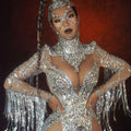 Fashion Shiny Crystal Sequin Bodysuit Diamond Sequined Fringed Gowns for Women Evening Party Dresses Sexy Bodysuit