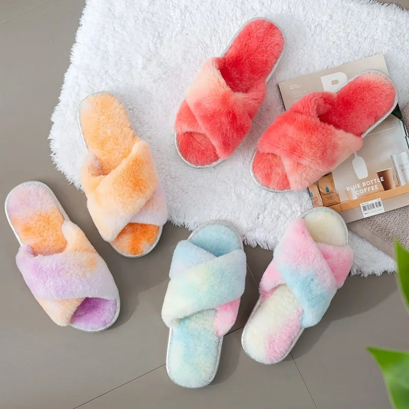 Warm Faux Fur Pink Fluffy Winter Plush Fuzzy Indoor Home Slippers