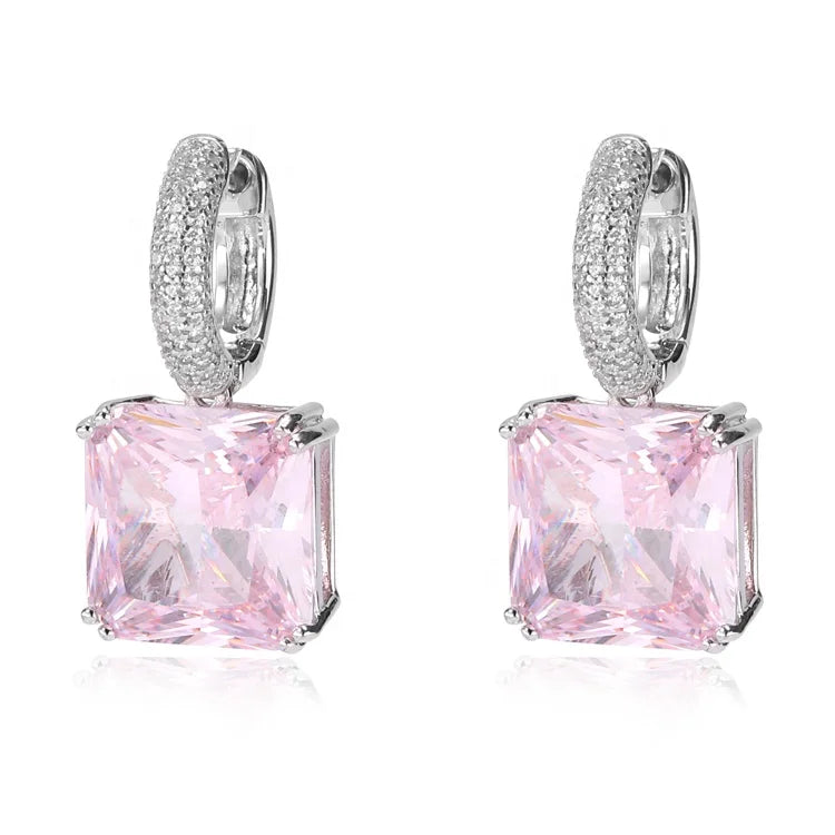 Women Jewelry Earrings Princess Cut Pink CZ Drop Earrings S925 Sterling Silver Luxury Vintage Jewelry