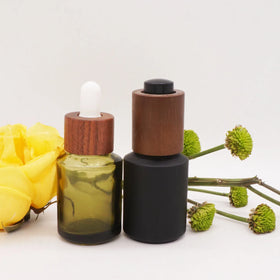 1ounce Slant Shoulder Olive Green 30ml Round Dropper Bottle with Dark Wooden Texture Pump Closures