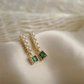 French Vintage Gold Plated Emerald Square Earrings Chic Long Fresh Water Pearl Cubic Zirconia Stud Earrings for Girl