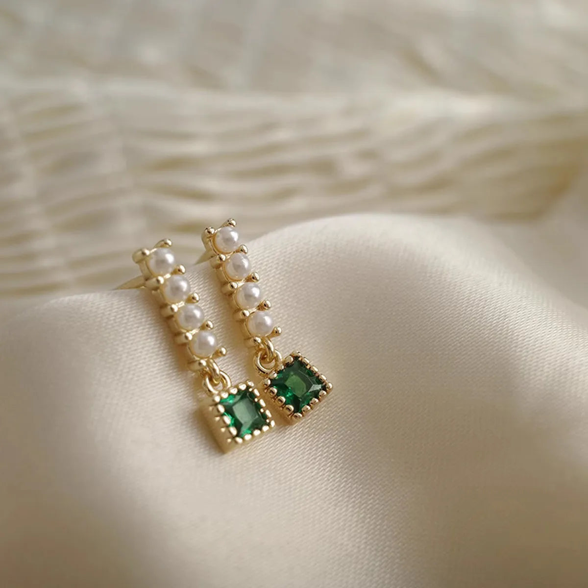 French Vintage Gold Plated Emerald Square Earrings Chic Long Fresh Water Pearl Cubic Zirconia Stud Earrings for Girl