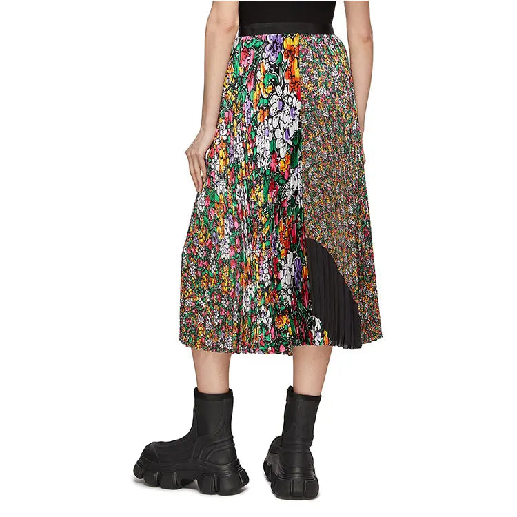 Luxury Vintage Women's Stylish A-Line Midi Skirt Vibrant All-Over Floral Print Pleated Chiffon Natural Breathable Ruffles Long