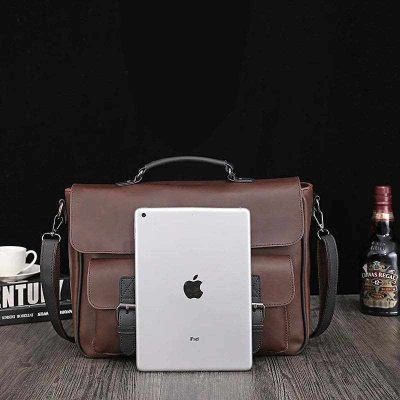 New Design  Men's Vintage Crazy Horse PU Leather Soft Bag Waterproof Horizontal  Casual Shoulder Laptop Handheld Briefcase
