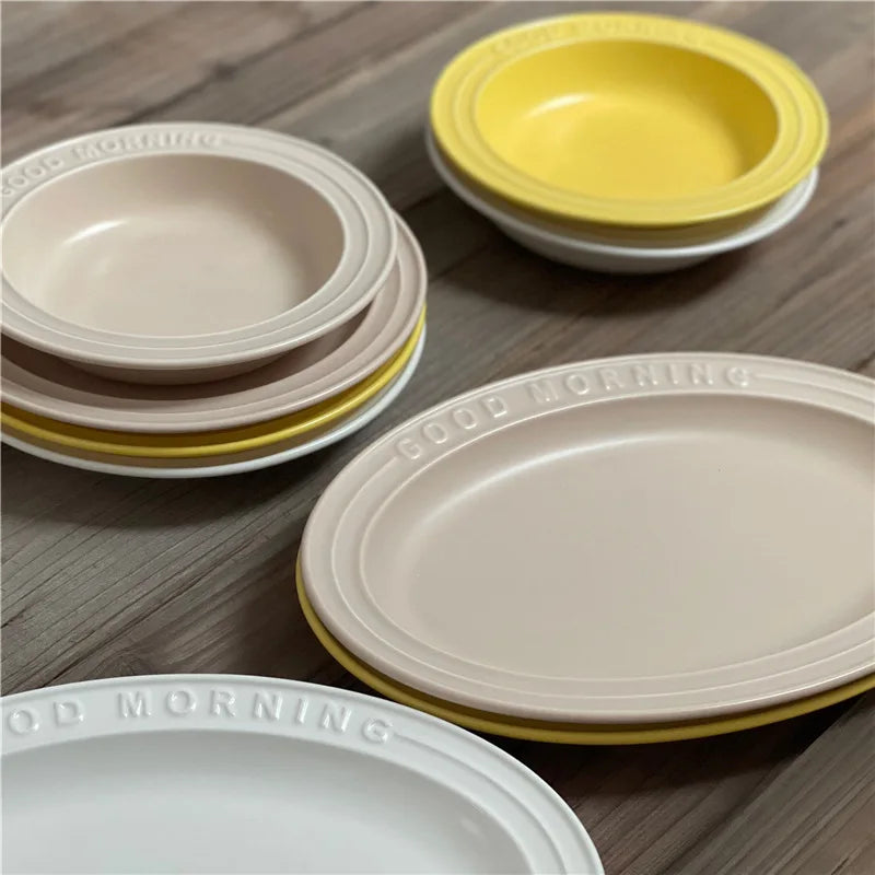 Solhui Korean Embossed Alphabet Ceramic Good Morning Dinner Plate