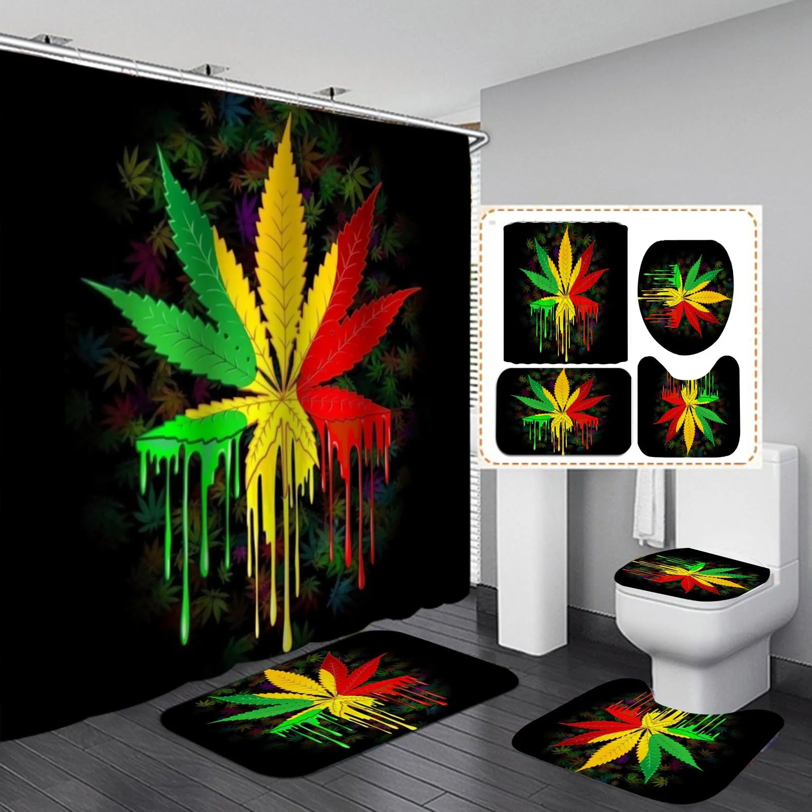Colorful Leaf Pattern Shower Curtain Set Customize Any Design Waterproof Bath Curtain Sets