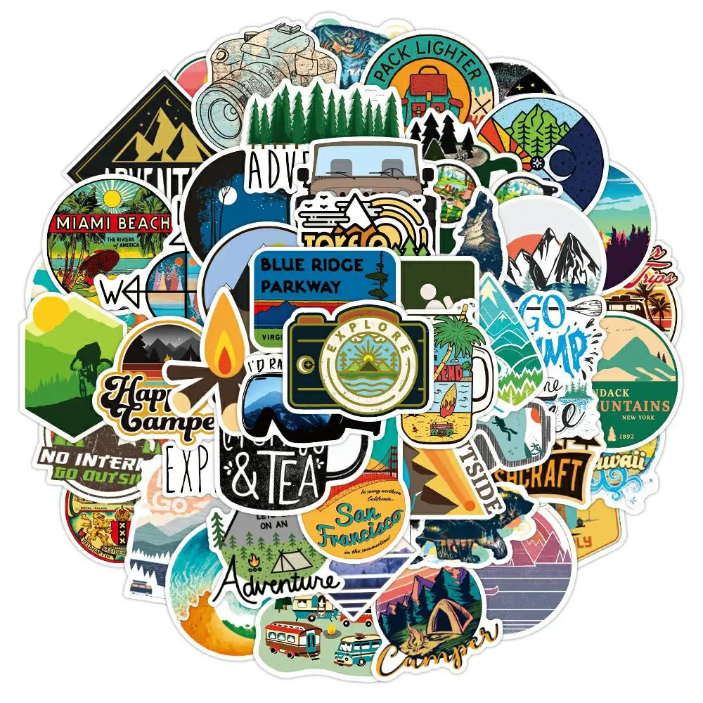 50pcs/bag Waterproof Outdoor Landscape Stickers Pack Custom Vinyl Die Cut Sticker Camping Laptop Journal Stickers Scrapbooking