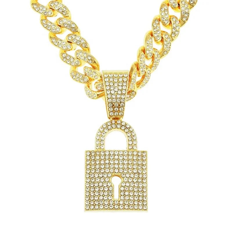 Iced Out Silver Cuban Chain With Alloy and Bling CZ Hip Hop Lock Pendant Necklace