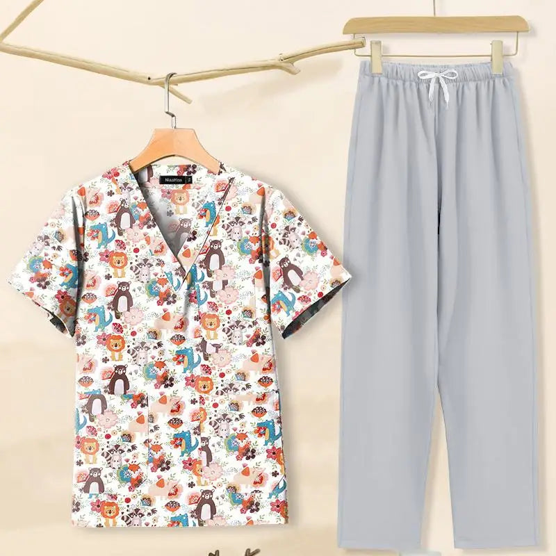 In Stock T62060 Cotton Printed Track Suit Woman Traditional Chinese Women Suite Design Nurse Uniform Dress