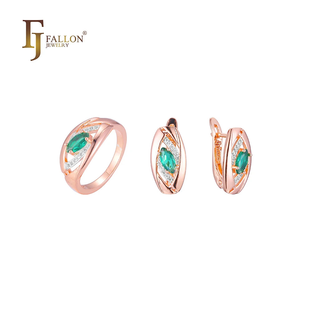 FJ Fallon Fashion Jewelry Solitaire Marquise Emarald Jewelry Set Plated in Rose Gold Two Tone Brass Based