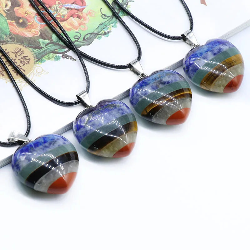 Huiying 30mm Colorful Natural Crystal Gemstone Chakra Heart Pendant Healing Stones Jewelry