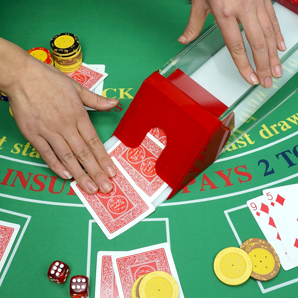 Professional  Casino Accessories Acrylic Red Blackjack Dealing Poker Card Shoe with Handle Holder on 8 Packs Playing Cards