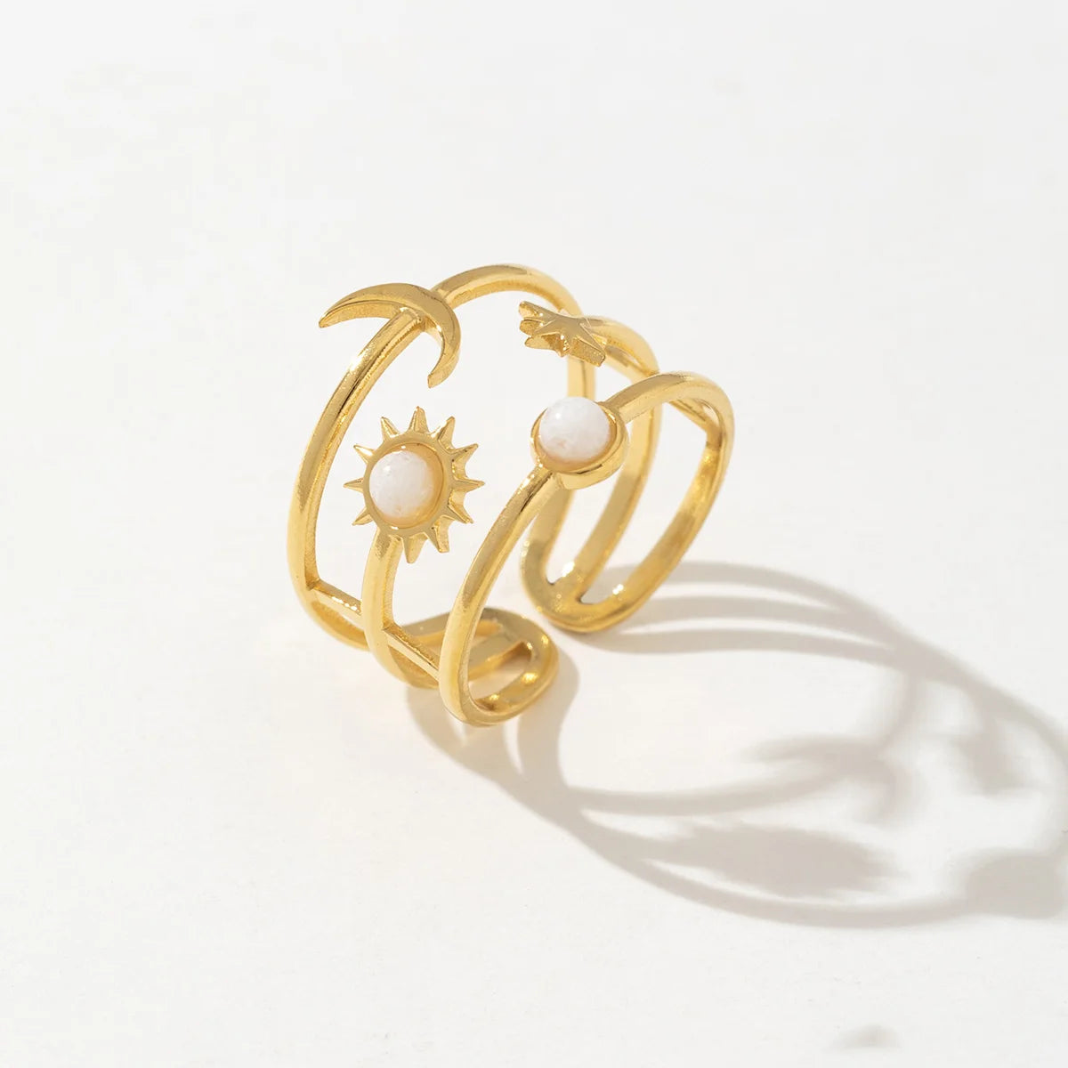 Fashion INS Star Sun Moon White Gemstone Stainless Steal Adjustable Band Open Ring