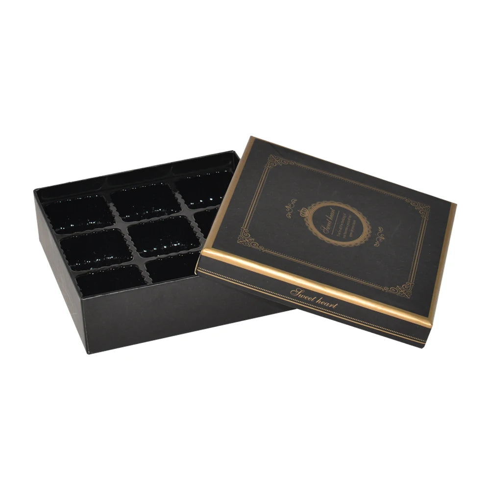 Wholesale Custom Design Luxury Gold Hot Stamping Logo Printing Rigid Black Lid and Base Box for Wedding Chocolate Box of Sweets