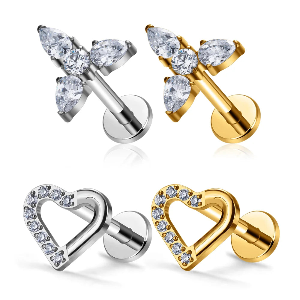 ASTM F136 Titanium G23 Heart Shape Ear Stud Inlay Zircon 16G Clicker Earrings Shiny Punk Style Ear Tragus Body Piercing Jewelry