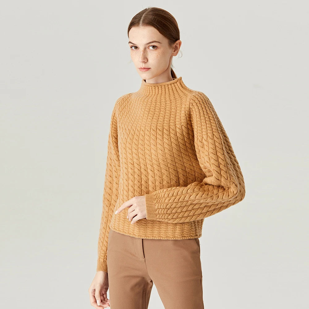 High Quality Autumn and Winter 3D  Twist Half High Collar Pullover Puff Sleeve Cashmere Wool Sweater Female