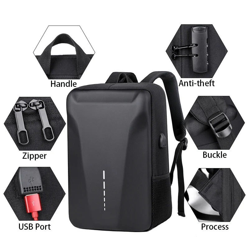 Men's Customized Logo Anti-Theft Waterproof Laptop Bag USB Hard Shell Oxford Polyester Lining Geometric Pattern Zipper Closure