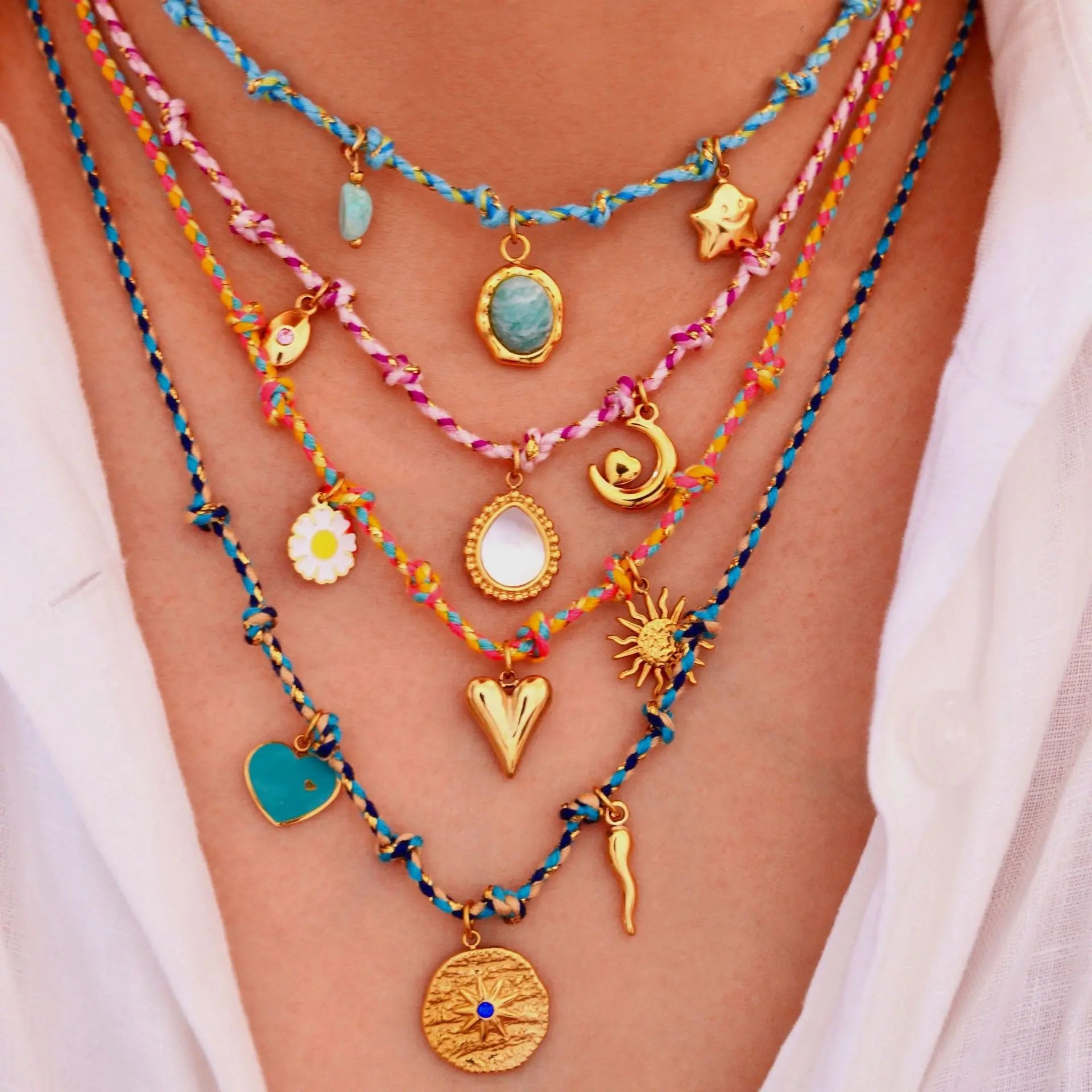 Boho Handmade Colorful Braided Rope Stainless Steel Necklace Bracelet Luxury Natural Stone Pendant Necklace for Women