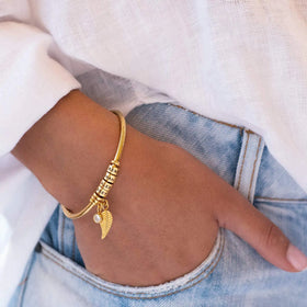 Gold Plated Custom Name Beads Bracelet Birthstone Leaf Charm Engraved Cuff Bangle Personalized Family Name Charm Bracelet