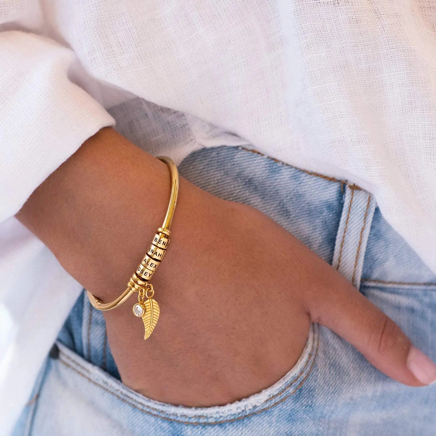 Gold Plated Custom Name Beads Bracelet Birthstone Leaf Charm Engraved Cuff Bangle Personalized Family Name Charm Bracelet