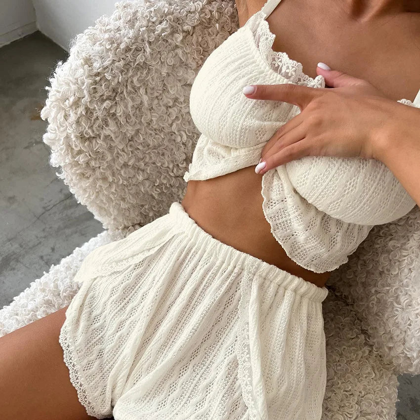 Enyami Summer Urban Wear Home Wear Romantic Lace Design Creped Fabric Sleepwear Tank Tops Shorts Women Co Ord Pajama Set