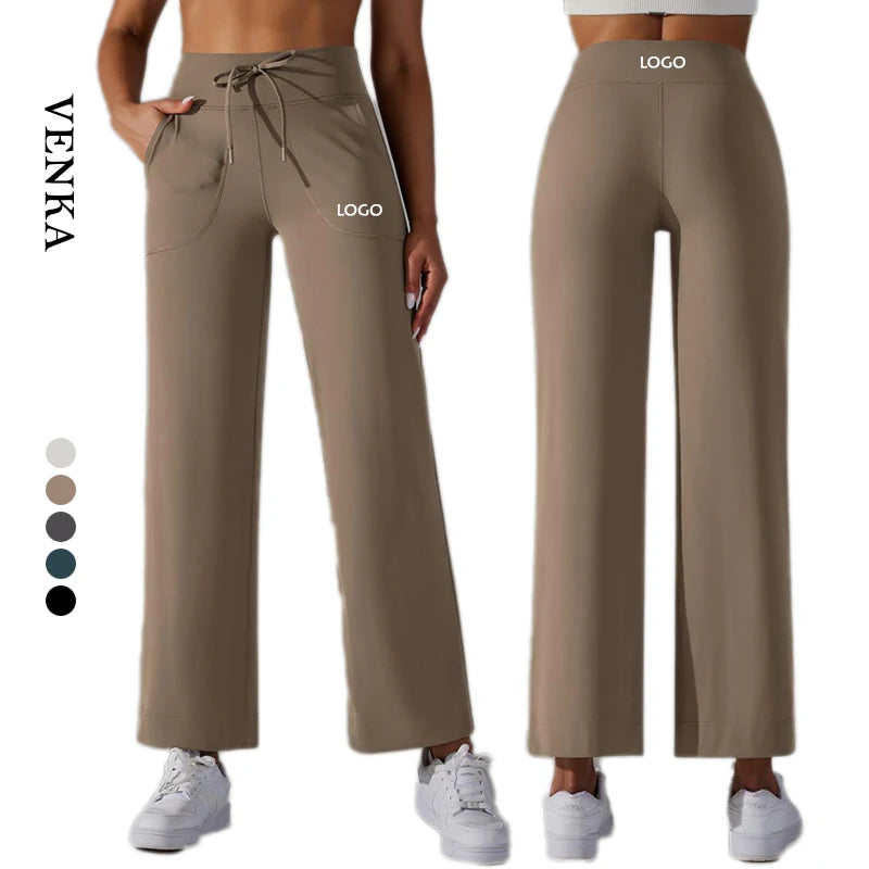 Venka Custom Athletic Wear Women Soft High Waist Drawstring Design Wide Leg Pants With Pockets Fitness Workout Loose Yoga Pants