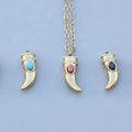 New Fashion PVD Gold Stainless Steel Dangle Horn Pendant Necklace with Oval Natural Stone