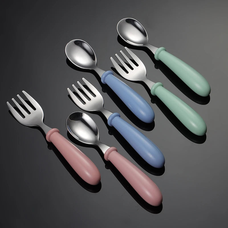 Wholesale High Quality 304 Stainless Steel Plastic Handle Children Spoon and Fork Cutlery Set with pp Box 1006042
