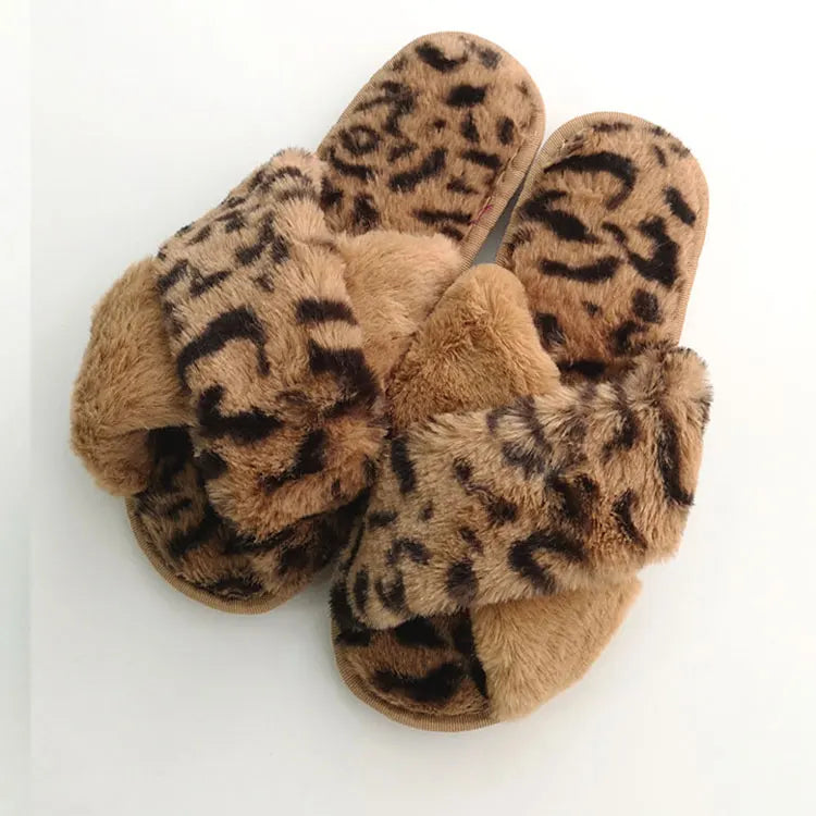 Women's Fashionable Indoor Slides Leopard Print Soft Faux Fur Warm Fleece Lining Comfortable Cross Band Bedroom for Slippers Spr MegaBDM