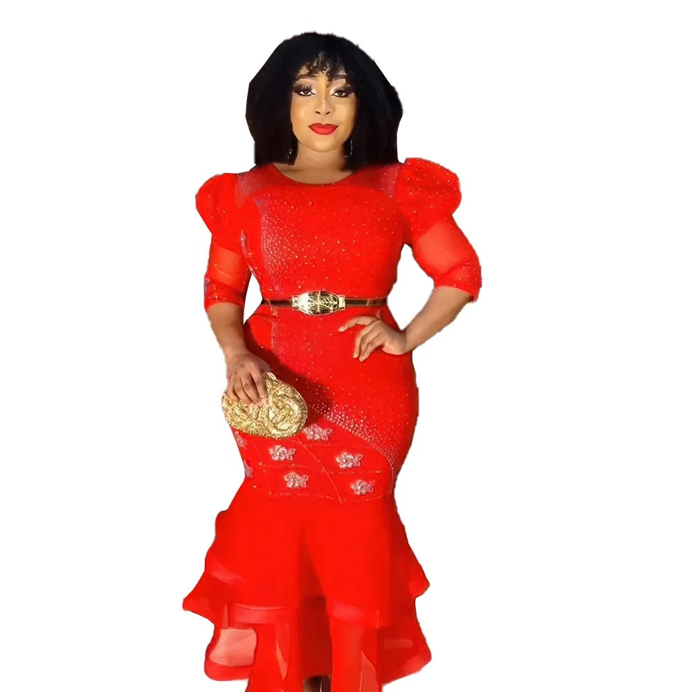 High Quality Elastic Polyester Mesh Gauze African Evening Dress for Women Long Rhinestone Dress for Wedding